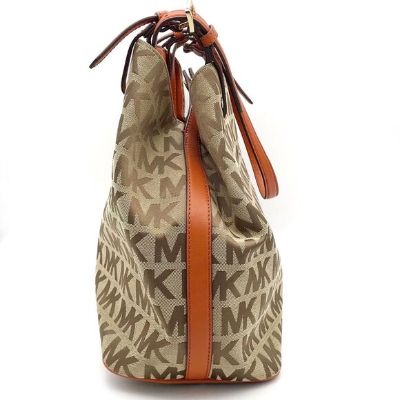NEW MICHAEL Michael Kors Beige Tan Orange Signature Canvas & Leather Tote Large - Picture 4 of 16